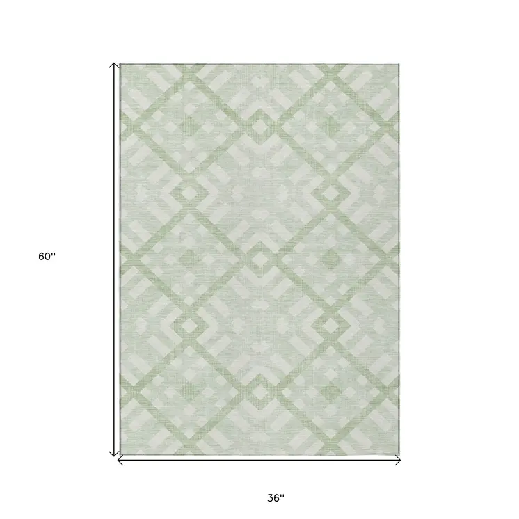 3' X 5' Mint Green And Ivory Geometric Washable Indoor Outdoor Area Rug