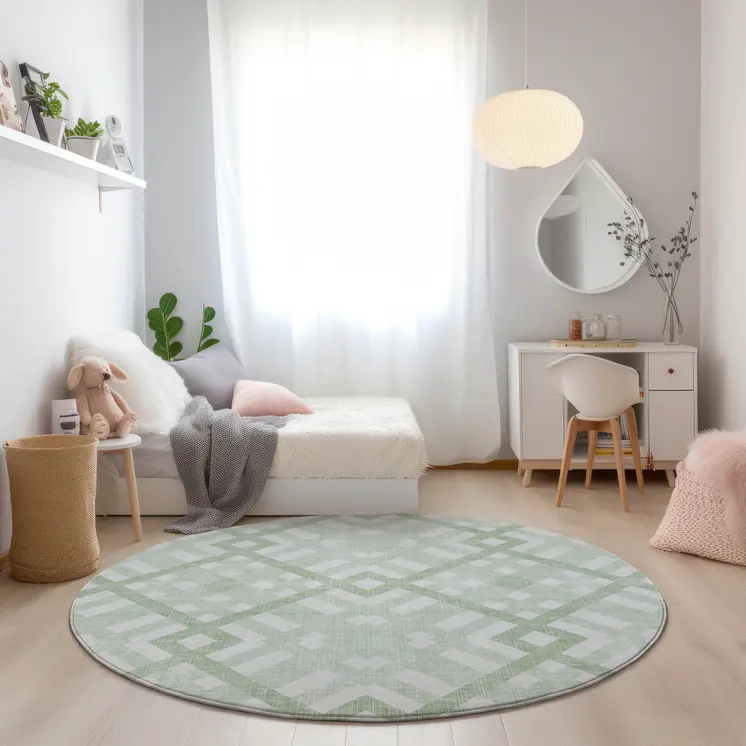 8' Mint Green And Ivory Round Geometric Washable Indoor Outdoor Area Rug