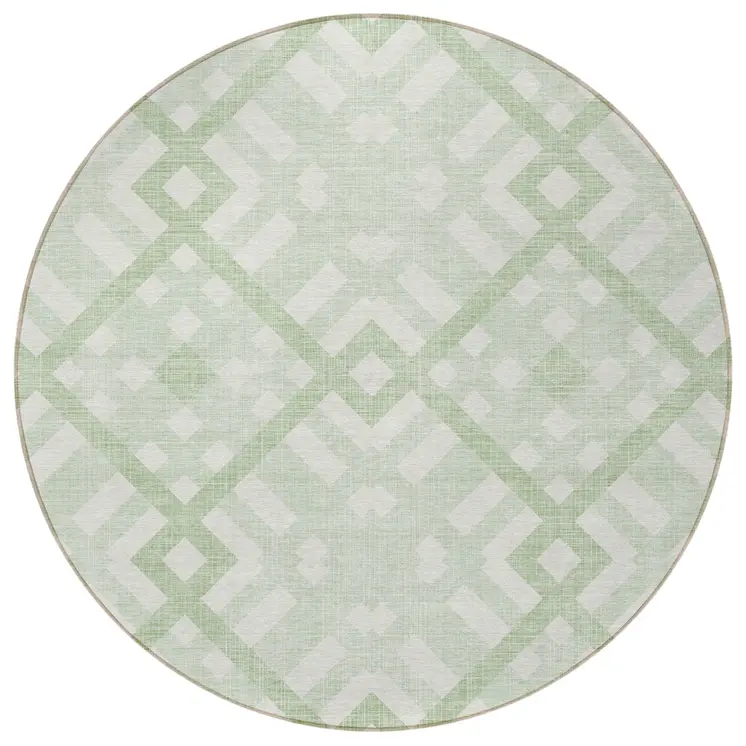 8' Mint Green And Ivory Round Geometric Washable Indoor Outdoor Area Rug