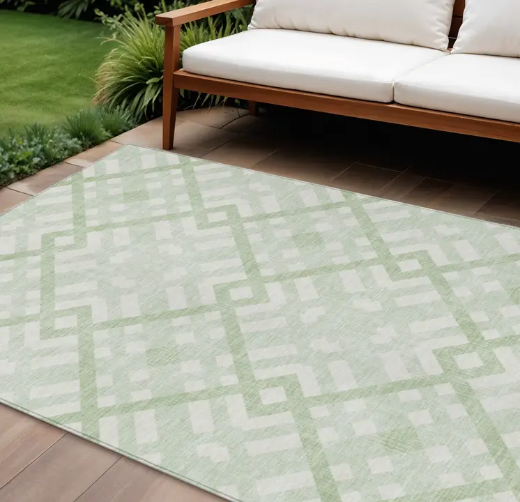 8' X 10' Mint Green And Ivory Geometric Washable Indoor Outdoor Area Rug