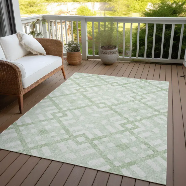 8' X 10' Mint Green And Ivory Geometric Washable Indoor Outdoor Area Rug