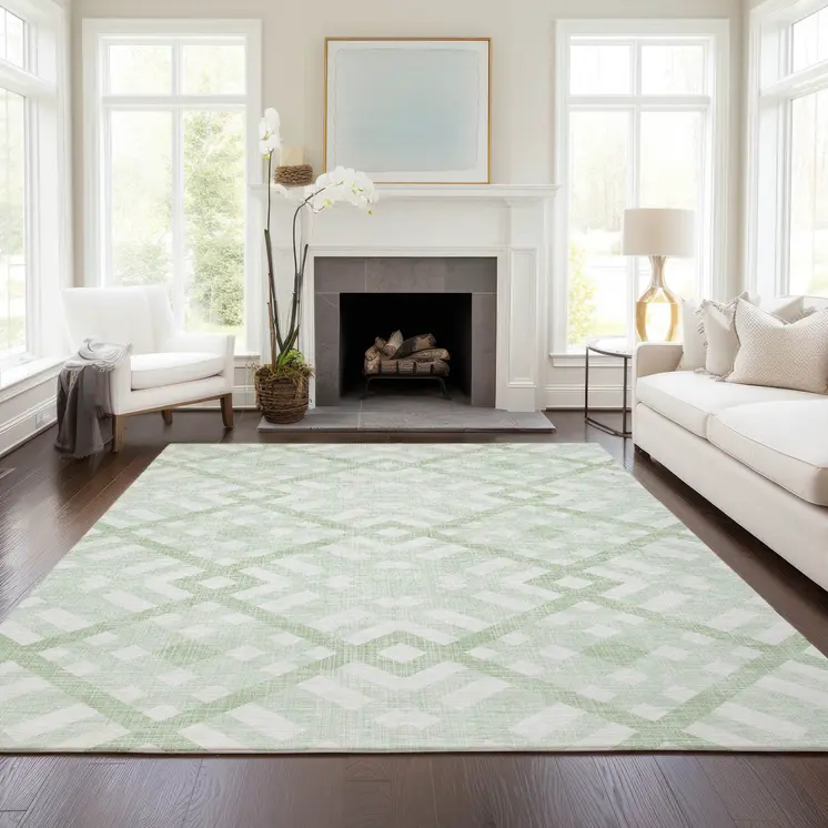 8' X 10' Mint Green And Ivory Geometric Washable Indoor Outdoor Area Rug