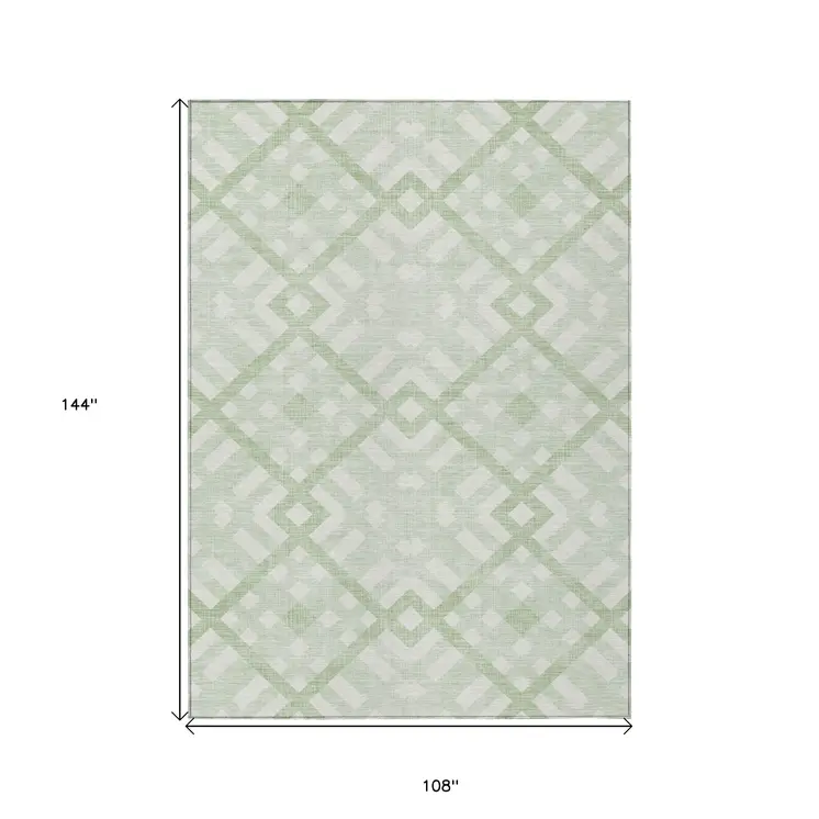 9' X 12' Mint Green And Ivory Geometric Washable Indoor Outdoor Area Rug