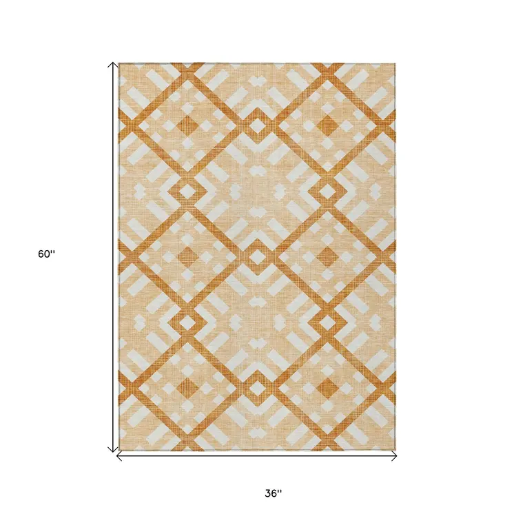 3' X 5' Peach Orange And Ivory Geometric Washable Indoor Outdoor Area Rug