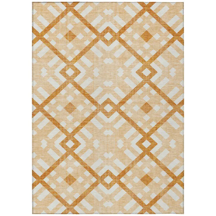 5' X 8' Peach Orange And Ivory Geometric Washable Indoor Outdoor Area Rug