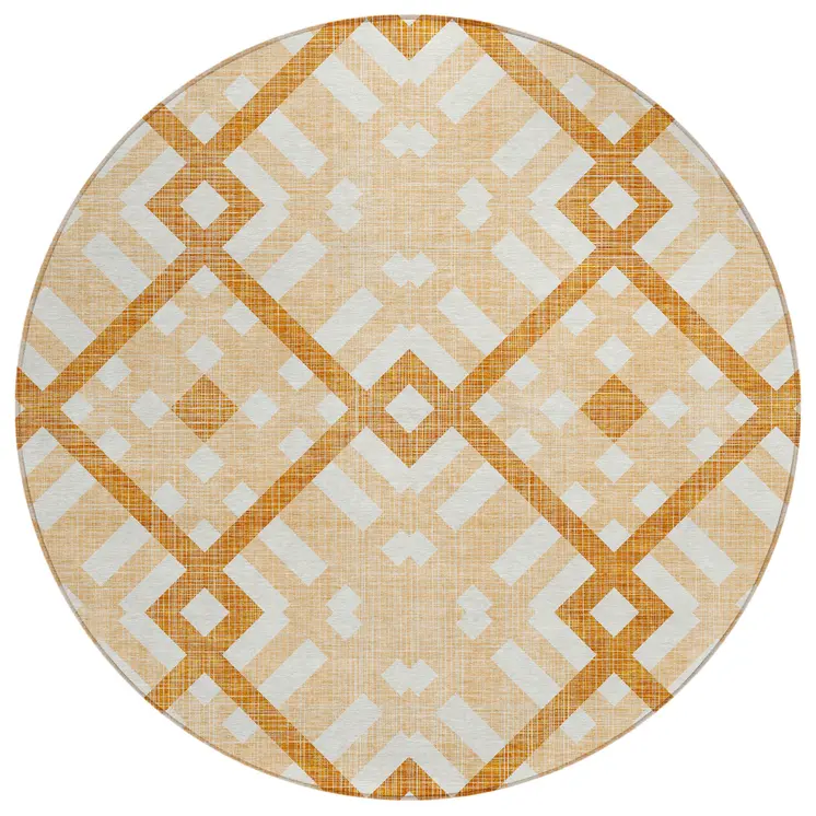 8' Peach Orange And Ivory Round Geometric Washable Indoor Outdoor Area Rug