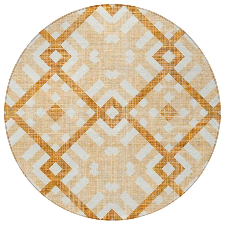 8' Peach Orange And Ivory Round Geometric Washable Indoor Outdoor Area Rug