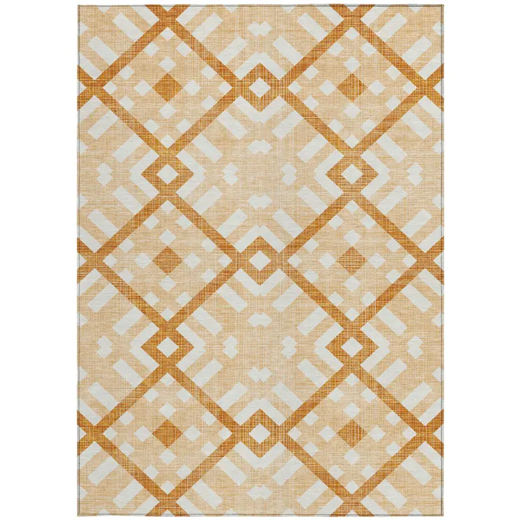 9' X 12' Peach Orange And Ivory Geometric Washable Indoor Outdoor Area Rug