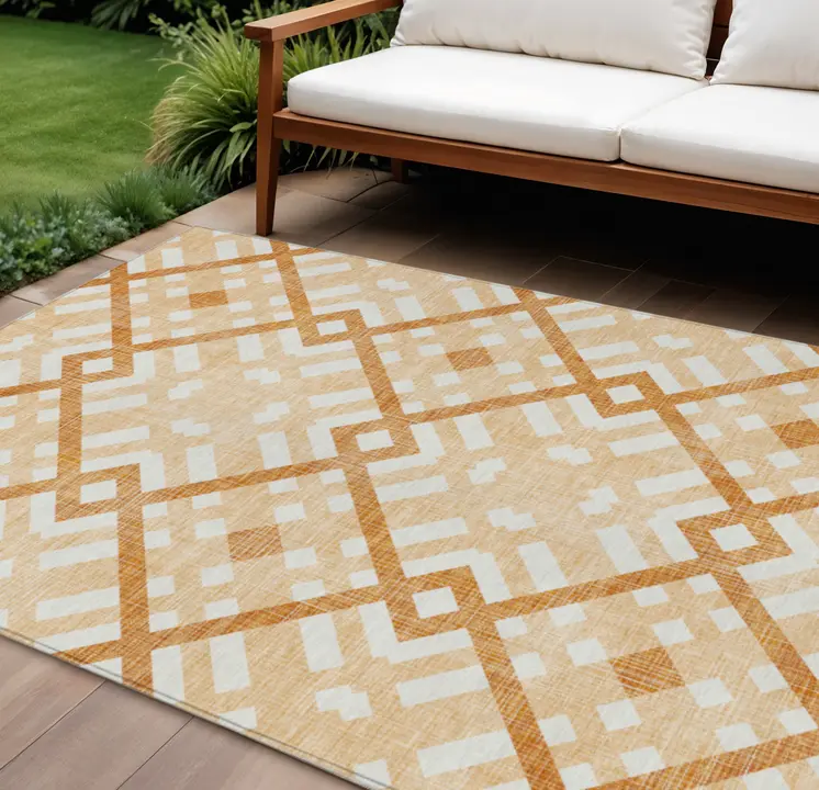 9' X 12' Peach Orange And Ivory Geometric Washable Indoor Outdoor Area Rug