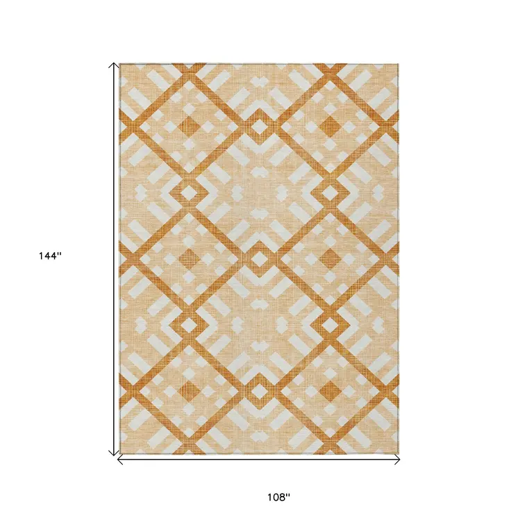 9' X 12' Peach Orange And Ivory Geometric Washable Indoor Outdoor Area Rug