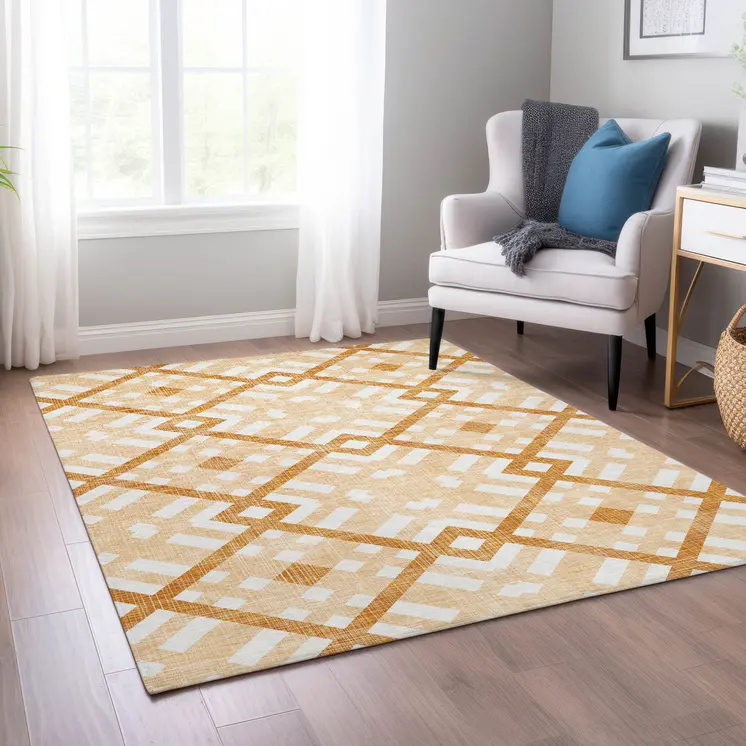 9' X 12' Peach Orange And Ivory Geometric Washable Indoor Outdoor Area Rug
