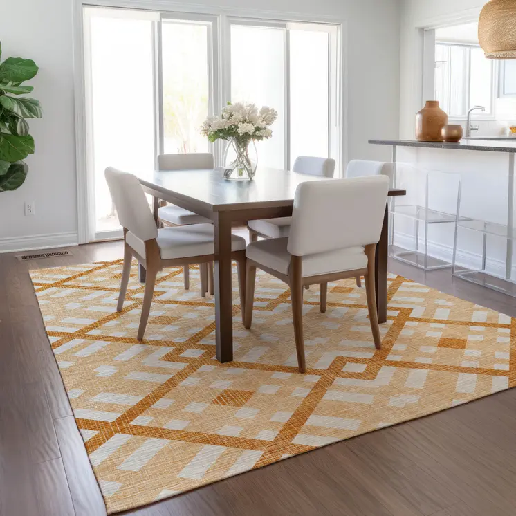9' X 12' Peach Orange And Ivory Geometric Washable Indoor Outdoor Area Rug