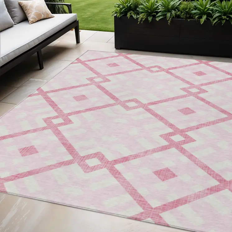 5' X 8' Pink Blush And Ivory Geometric Washable Indoor Outdoor Area Rug