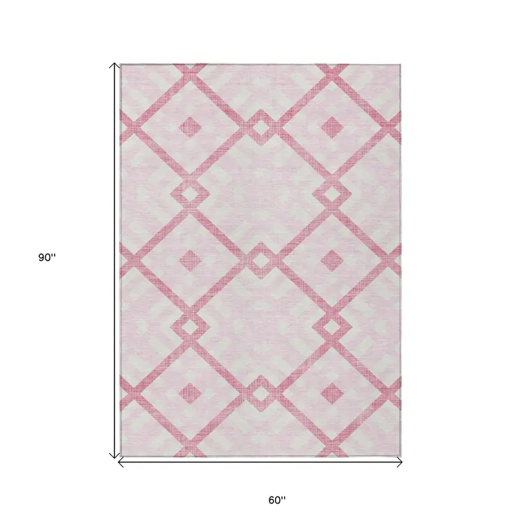 5' X 8' Pink Blush And Ivory Geometric Washable Indoor Outdoor Area Rug