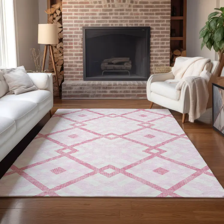 5' X 8' Pink Blush And Ivory Geometric Washable Indoor Outdoor Area Rug