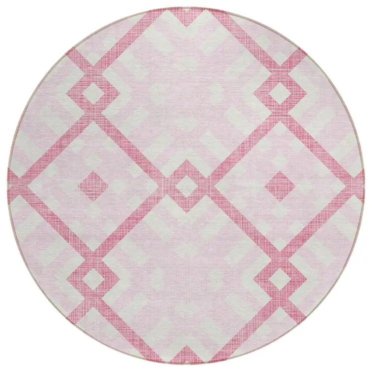 8' Pink Blush And Ivory Round Geometric Washable Indoor Outdoor Area Rug
