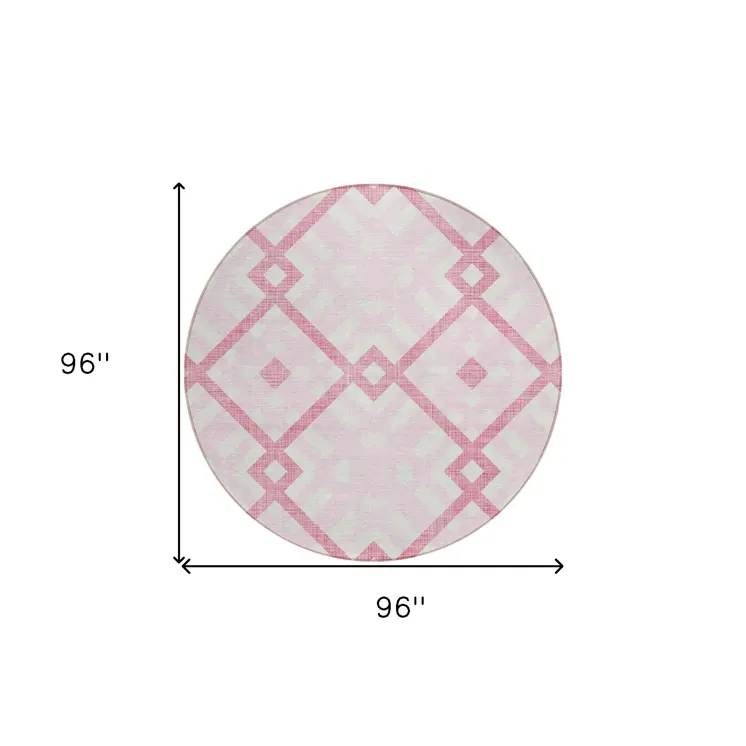 8' Pink Blush And Ivory Round Geometric Washable Indoor Outdoor Area Rug
