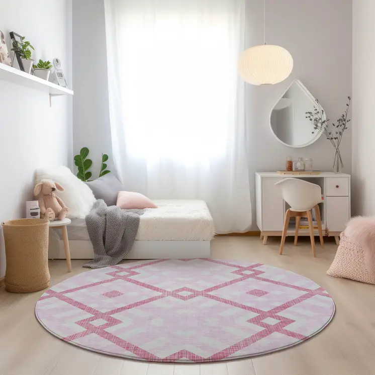 8' Pink Blush And Ivory Round Geometric Washable Indoor Outdoor Area Rug