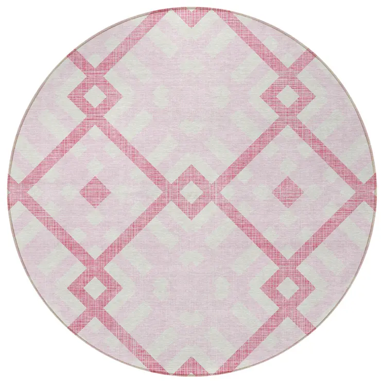 8' Pink Blush And Ivory Round Geometric Washable Indoor Outdoor Area Rug