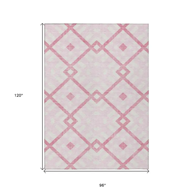 8' X 10' Pink Blush And Ivory Geometric Washable Indoor Outdoor Area Rug