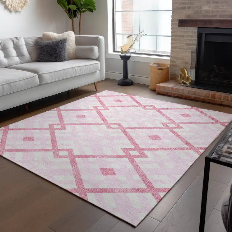 8' X 10' Pink Blush And Ivory Geometric Washable Indoor Outdoor Area Rug