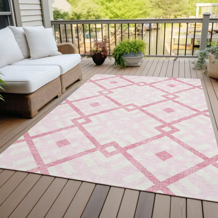 9' X 12' Pink Blush And Ivory Geometric Washable Indoor Outdoor Area Rug