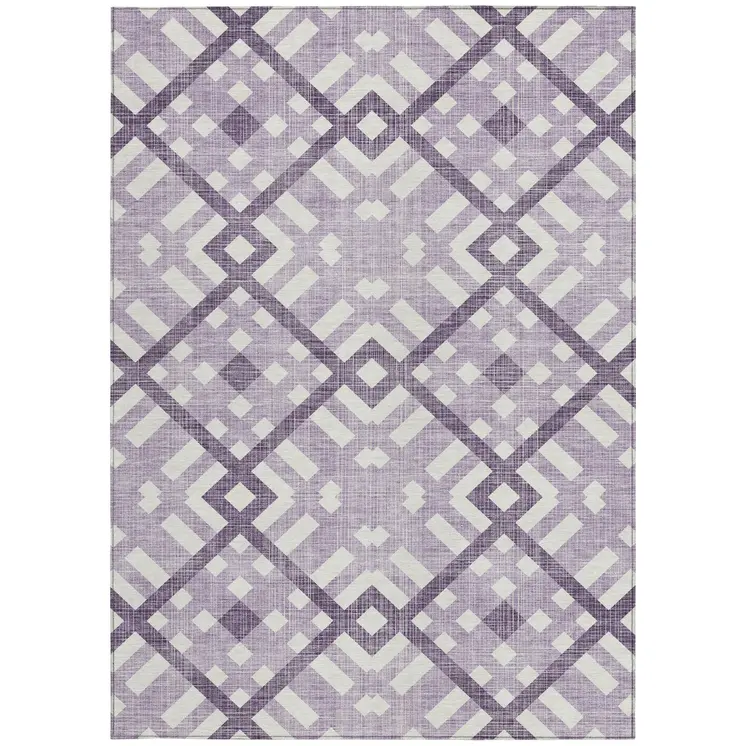 5' X 8' Purple Lilac And Ivory Geometric Washable Indoor Outdoor Area Rug