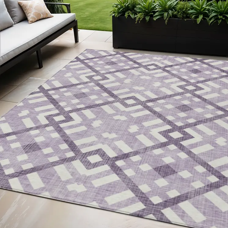 5' X 8' Purple Lilac And Ivory Geometric Washable Indoor Outdoor Area Rug
