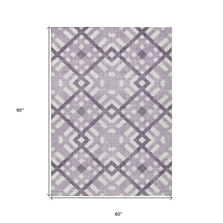 5' X 8' Purple Lilac And Ivory Geometric Washable Indoor Outdoor Area Rug