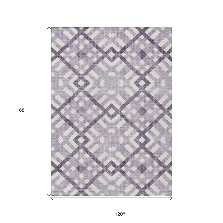 10' X 14' Purple Lilac And Ivory Geometric Washable Indoor Outdoor Area Rug