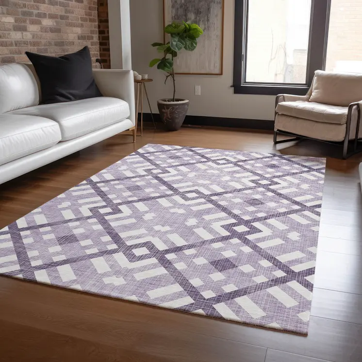 10' X 14' Purple Lilac And Ivory Geometric Washable Indoor Outdoor Area Rug
