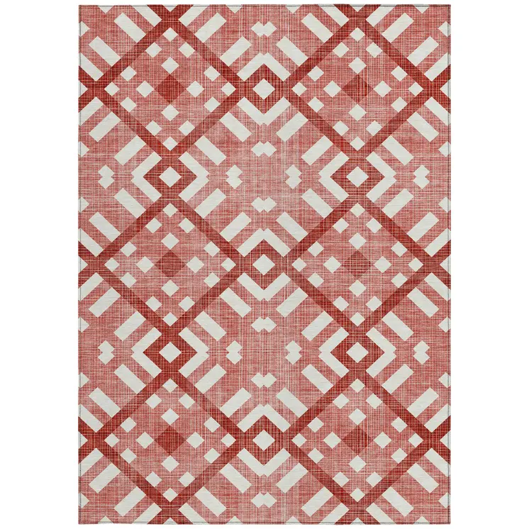 3' X 5' Red And Ivory Geometric Washable Indoor Outdoor Area Rug
