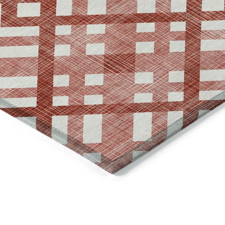 3' X 5' Red And Ivory Geometric Washable Indoor Outdoor Area Rug