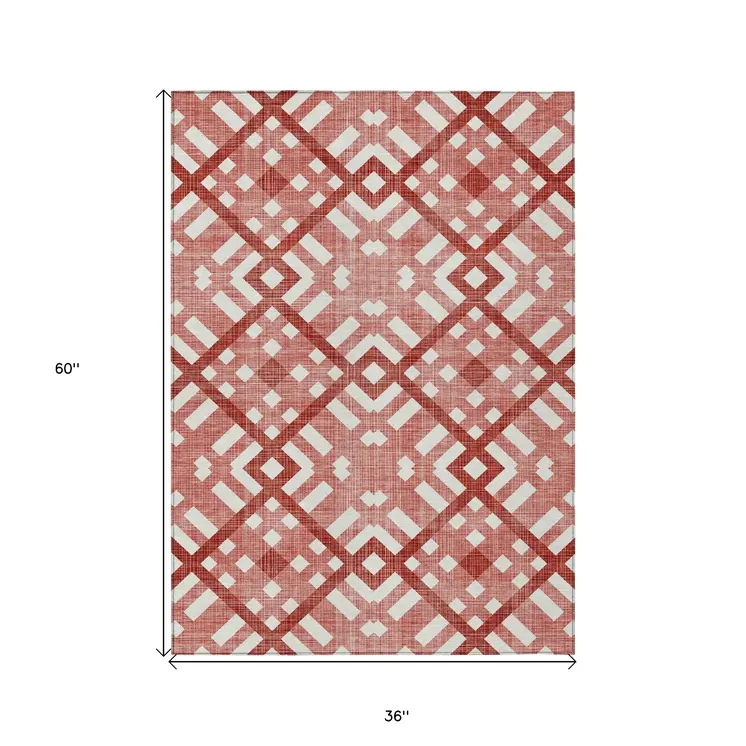 3' X 5' Red And Ivory Geometric Washable Indoor Outdoor Area Rug