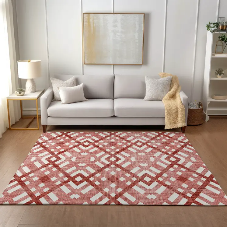 3' X 5' Red And Ivory Geometric Washable Indoor Outdoor Area Rug