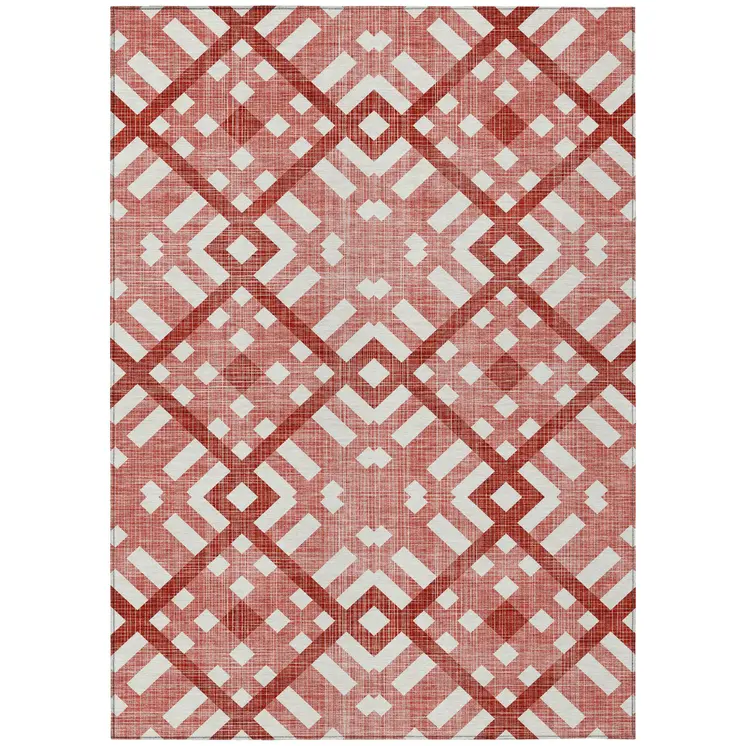 5' X 8' Red And Ivory Geometric Washable Indoor Outdoor Area Rug