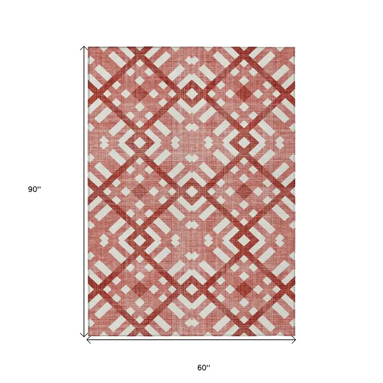 5' X 8' Red And Ivory Geometric Washable Indoor Outdoor Area Rug