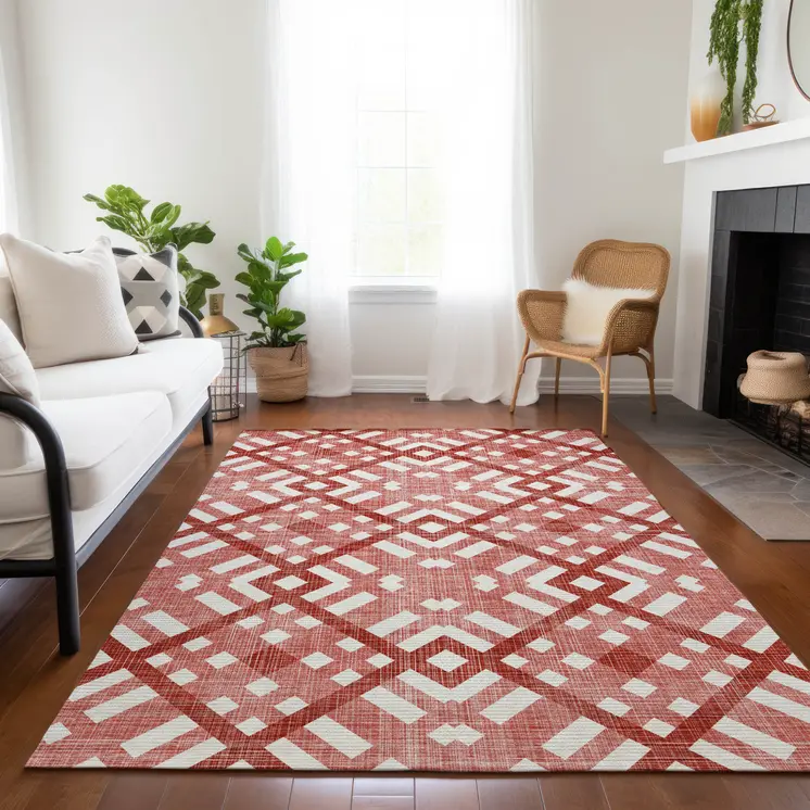 5' X 8' Red And Ivory Geometric Washable Indoor Outdoor Area Rug