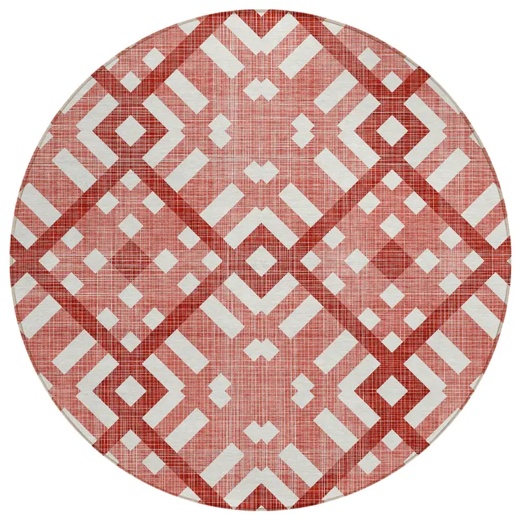 8' Red And Ivory Round Geometric Washable Indoor Outdoor Area Rug