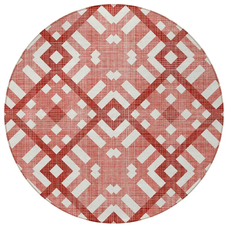 8' Red And Ivory Round Geometric Washable Indoor Outdoor Area Rug