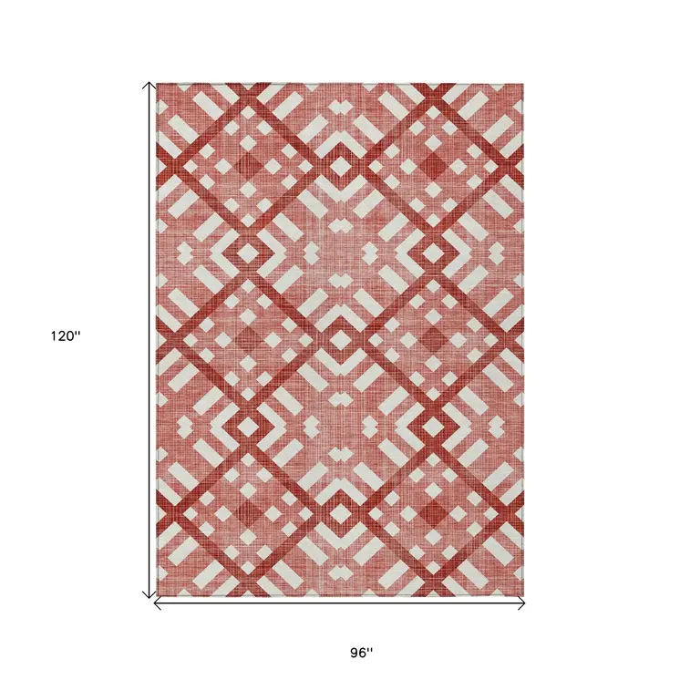 8' X 10' Red And Ivory Geometric Washable Indoor Outdoor Area Rug