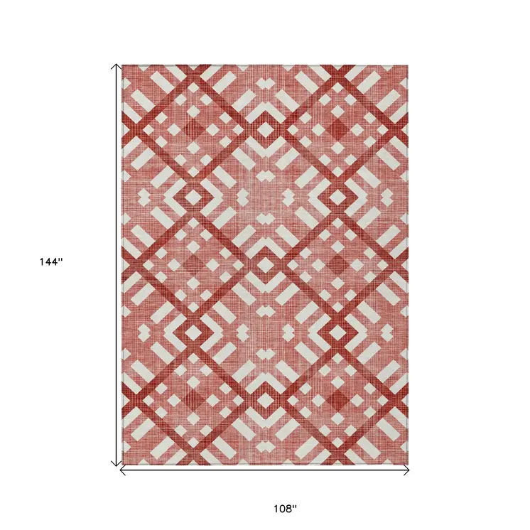 9' X 12' Red And Ivory Geometric Washable Indoor Outdoor Area Rug