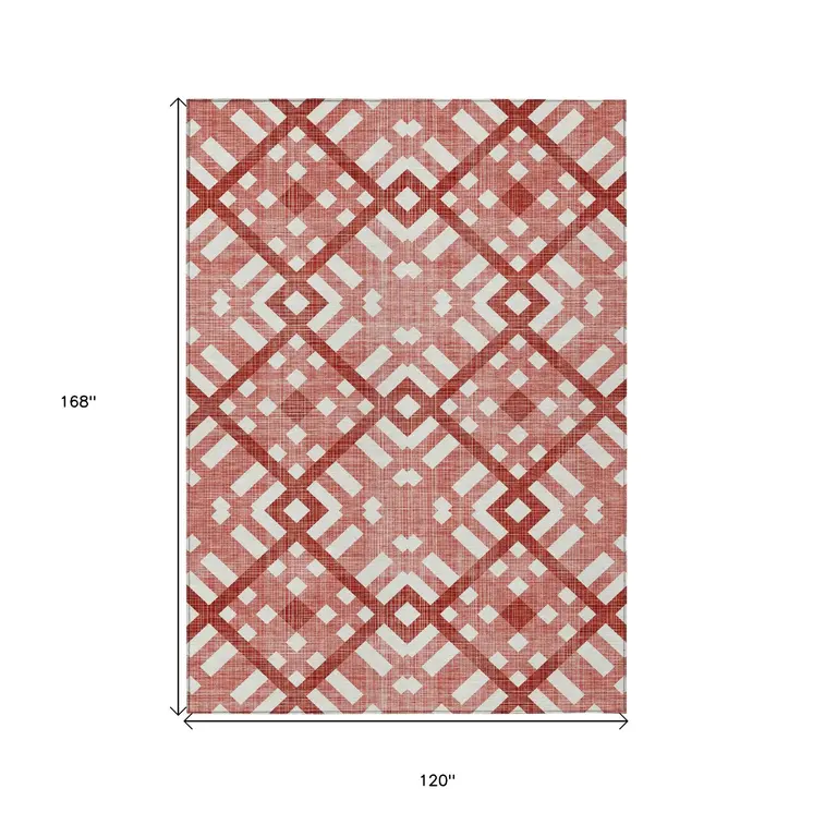 10' X 14' Red And Ivory Geometric Washable Indoor Outdoor Area Rug