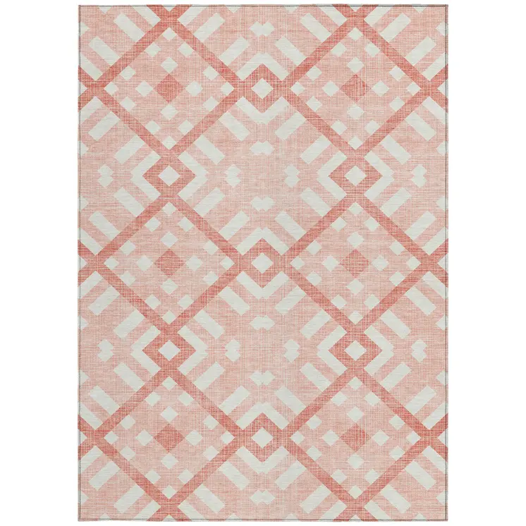 5' X 8' Salmon Peach And Ivory Geometric Washable Indoor Outdoor Area Rug