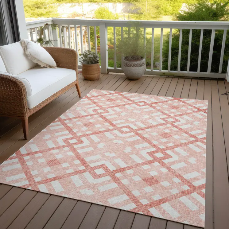 5' X 8' Salmon Peach And Ivory Geometric Washable Indoor Outdoor Area Rug