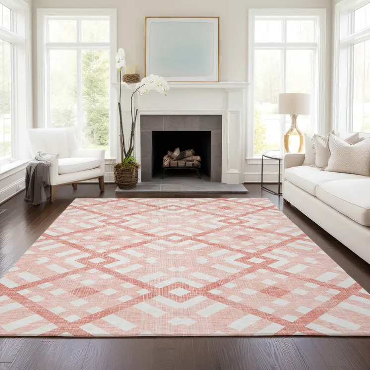5' X 8' Salmon Peach And Ivory Geometric Washable Indoor Outdoor Area Rug