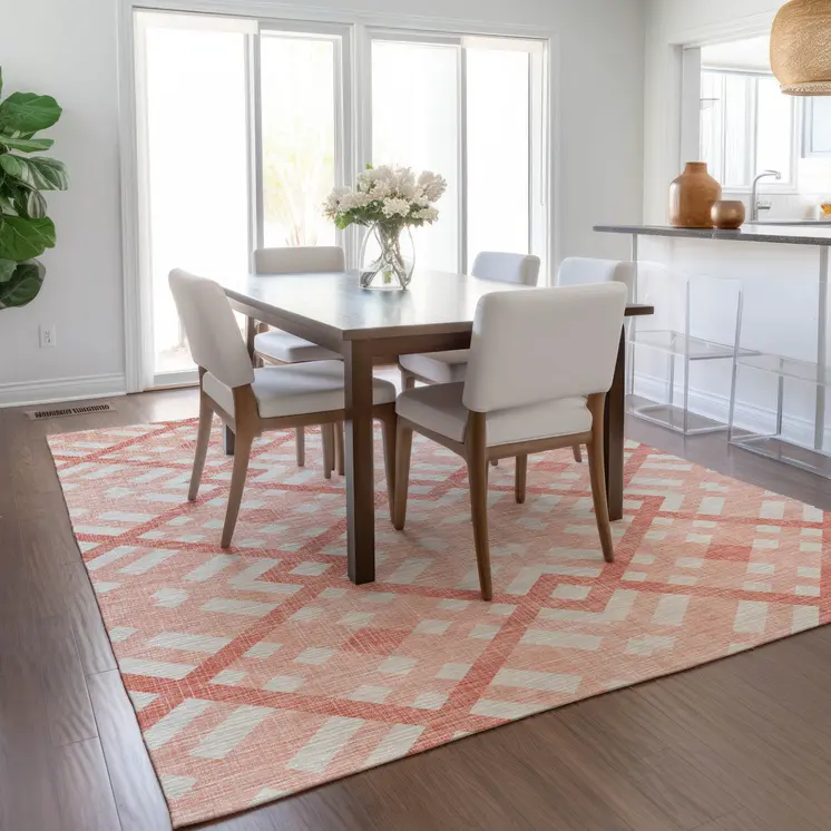 5' X 8' Salmon Peach And Ivory Geometric Washable Indoor Outdoor Area Rug