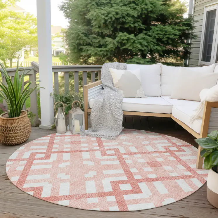 8' Salmon Peach And Ivory Round Geometric Washable Indoor Outdoor Area Rug