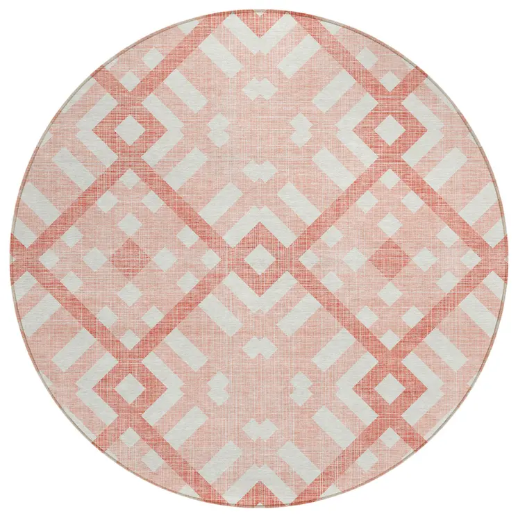 8' Salmon Peach And Ivory Round Geometric Washable Indoor Outdoor Area Rug