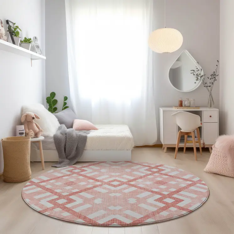 8' Salmon Peach And Ivory Round Geometric Washable Indoor Outdoor Area Rug